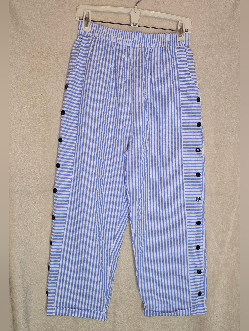 Blue/White Striped High-Waist Pants Decorative Side Buttons Elastic Waistband Si